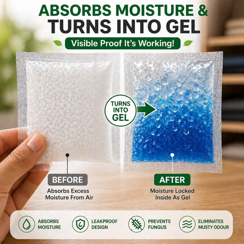 Moisture Absorber-Prevent Fungus, Dampness & Musty Odour - (Approx 5 gm x 40 Packets), White Color